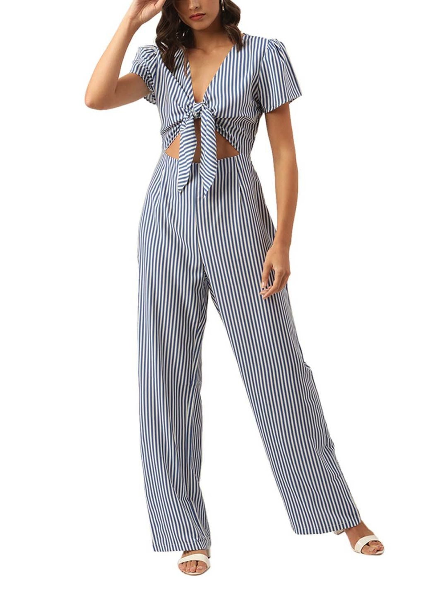 KENDALL + KYLIE Blue & White Cotton Striped Jumpsuit