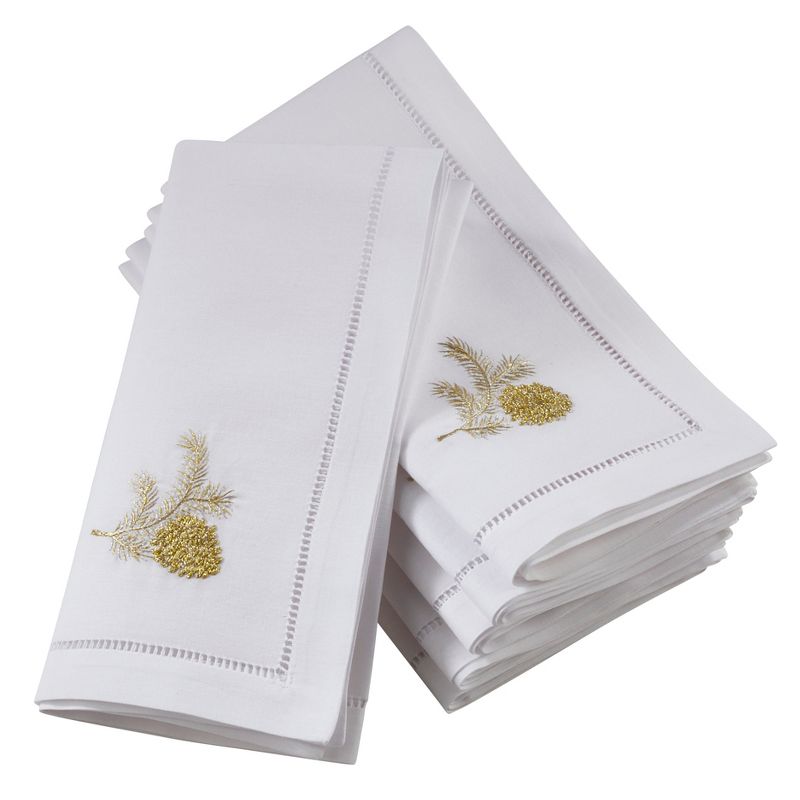 Saro Lifestyle Embroidered Pine Cone And Hemstitch Design Cotton Napkins (Set of 6)