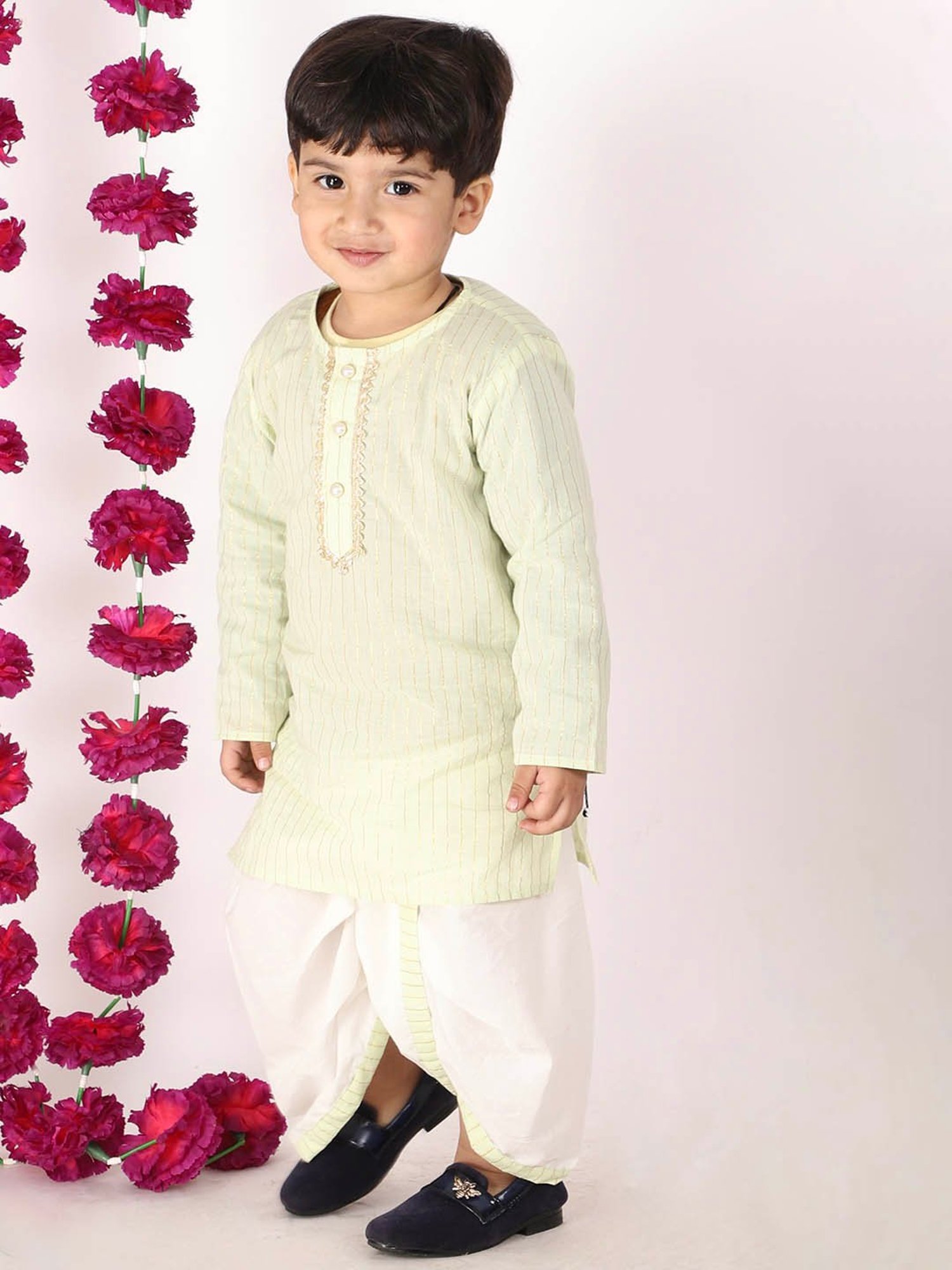 Little Bansi Kids Green & White Striped Kurta with Dhotis