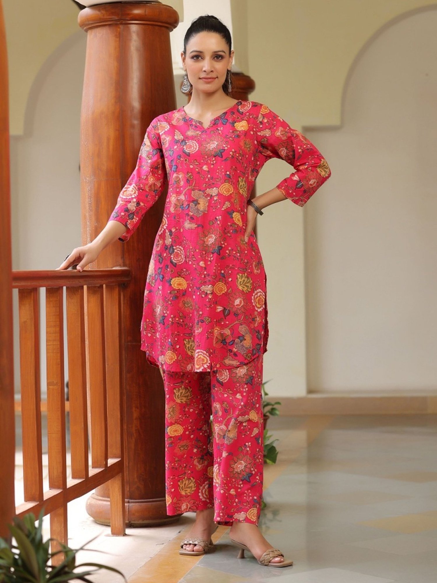 Rain and Rainbow Fuchsia Pink Cotton Floral Print Kurta Pant Set