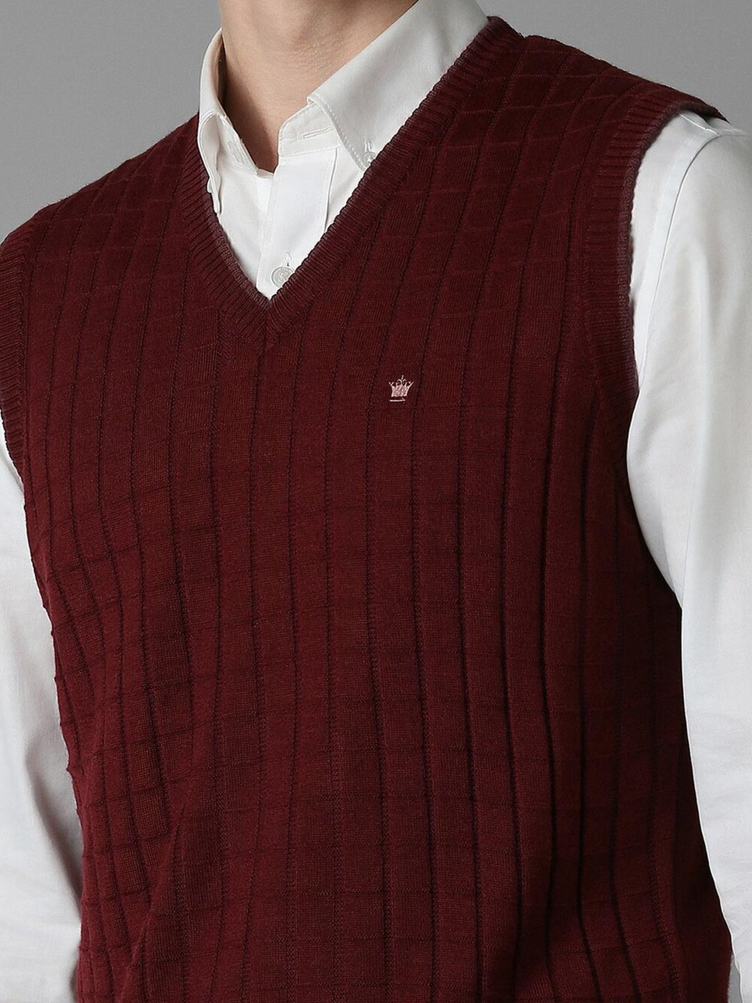 Louis Philippe Maroon Regular Fit Checks Sweater