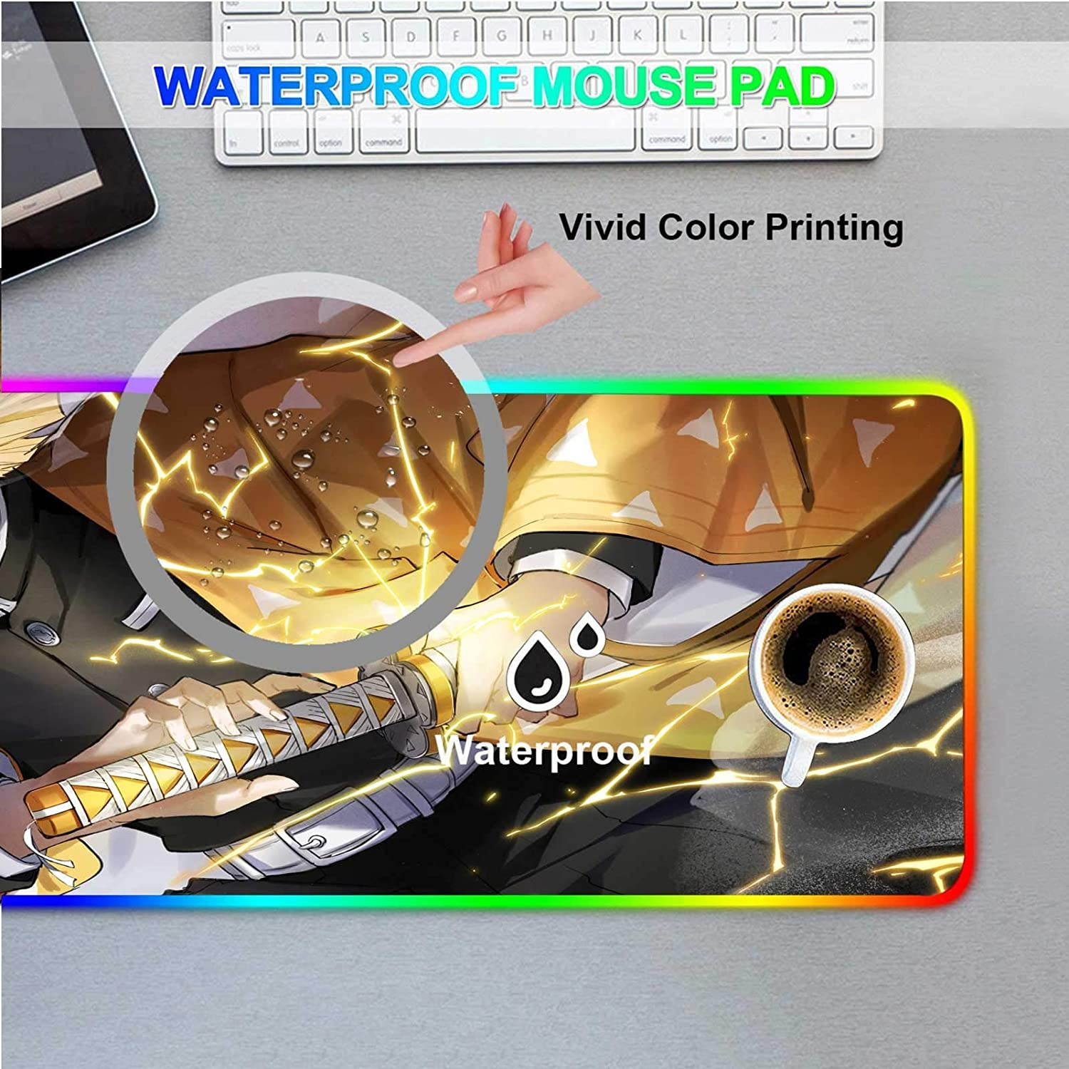 RGB Large Gaming Mouse Mat Anime Demon Slayer Zenitsu Agatsuma Kimetsu No Yaiba,Laptop Desk Pad,Mousepad with Stitched Edge & Non-Slip Rubber Base,Computer Keyboard and Mice Pads Mouse Mat 31.5X11.8