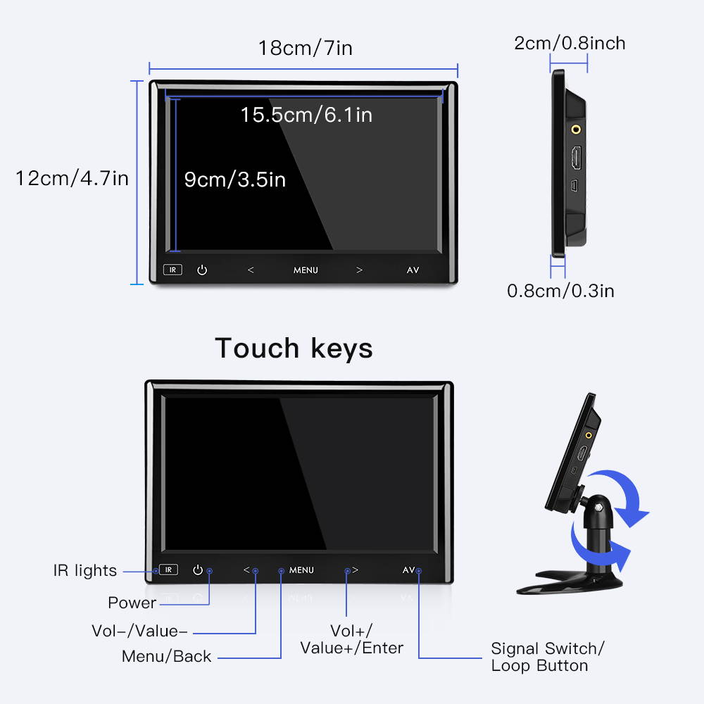 7''LCD  Monitor 140&deg;for Car Office Home Security HDMI VGA with Remote Control