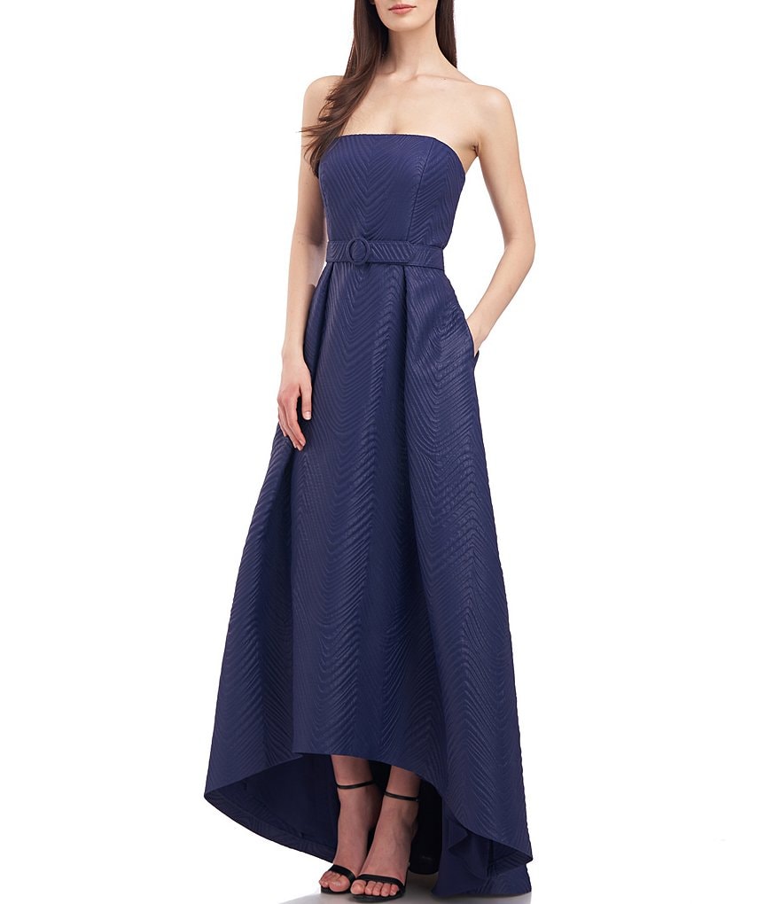 Kay Unger Strapless Belted Jacquard High-Low Gown