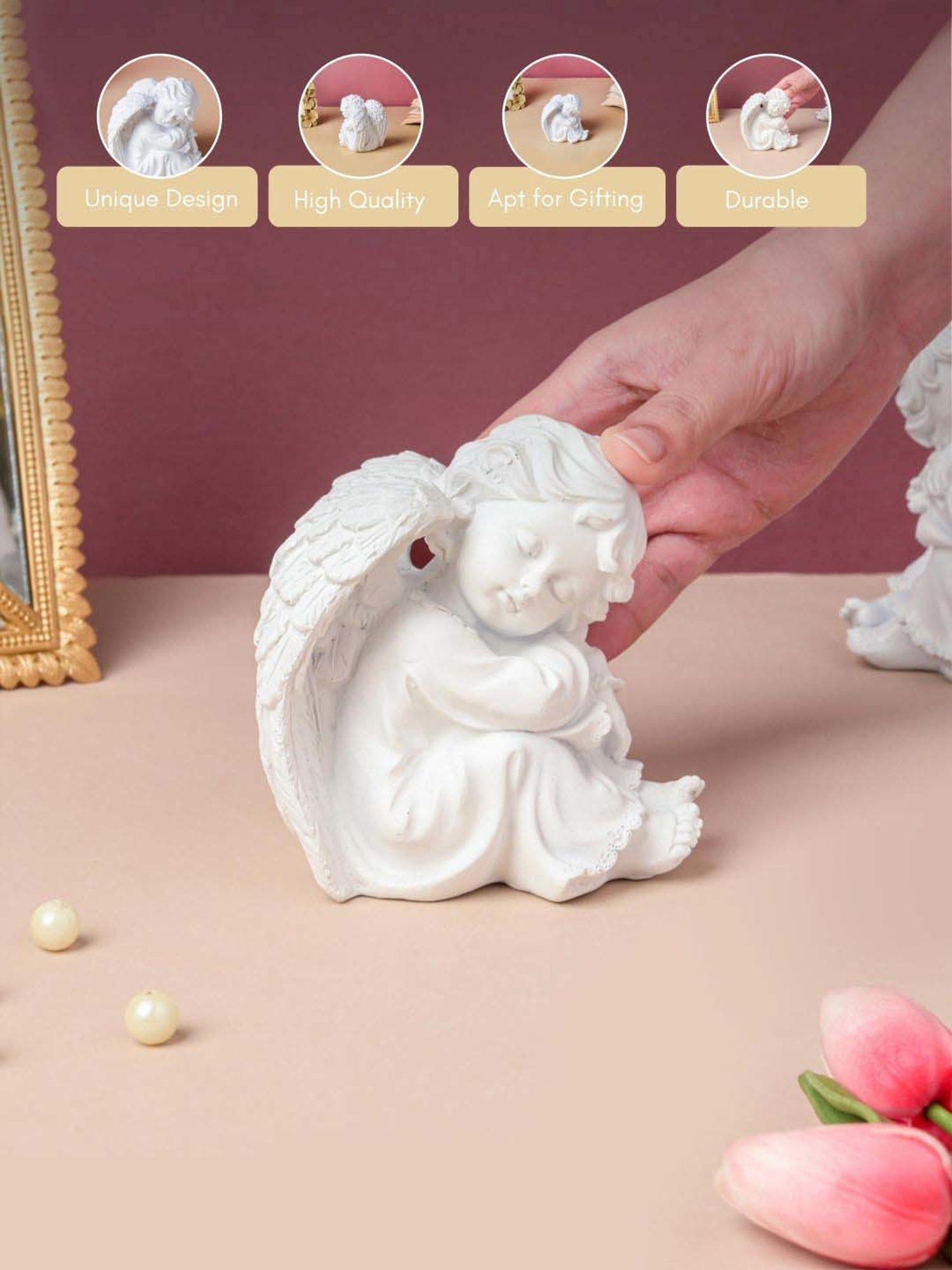 Nestasia Artisanal Small White Sitting Angel Statue with Wings for Living Room Decoration (4.7 Inch)