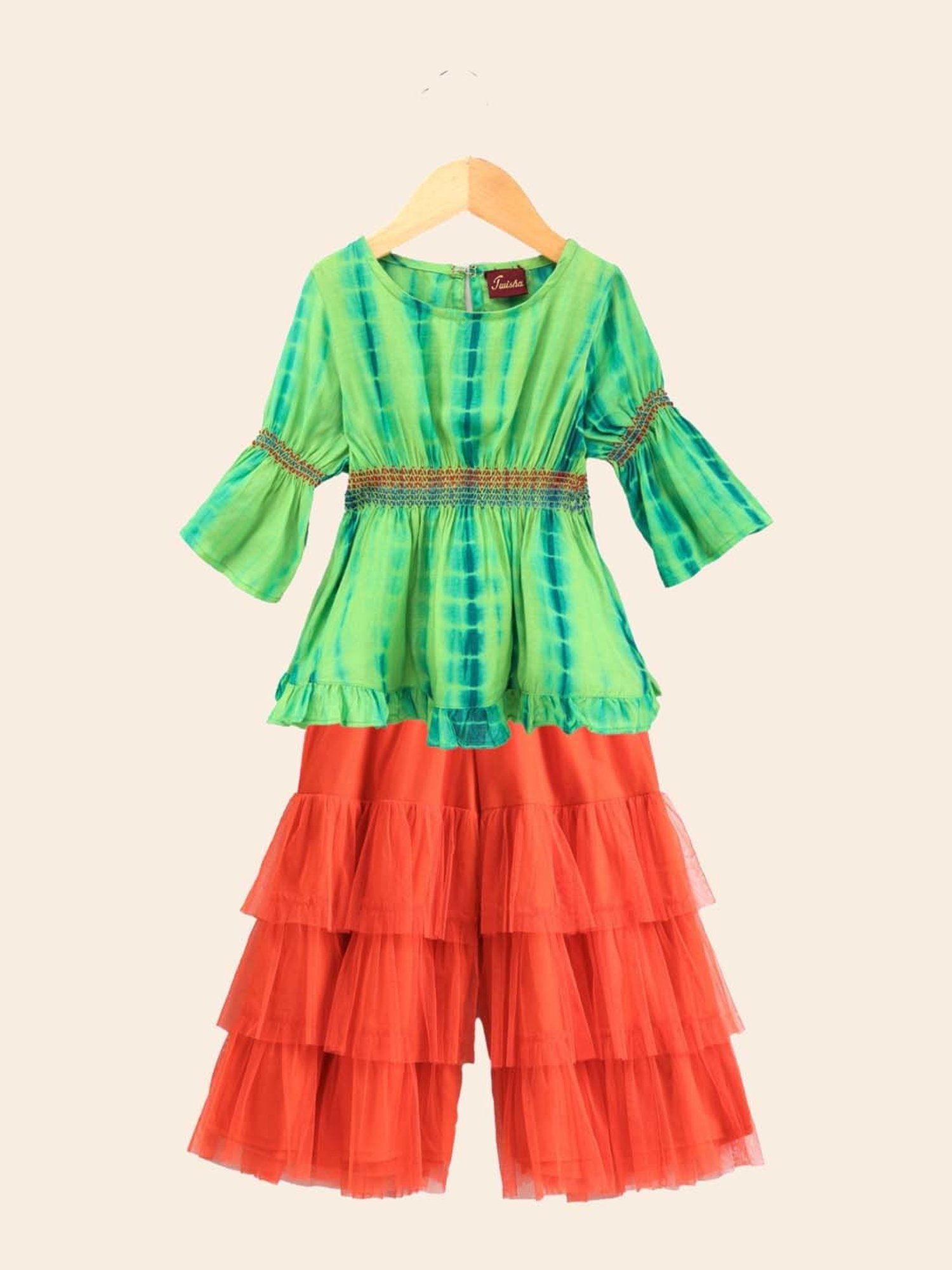 TWISHA Kids Green & Orange Over Dyed Top Set