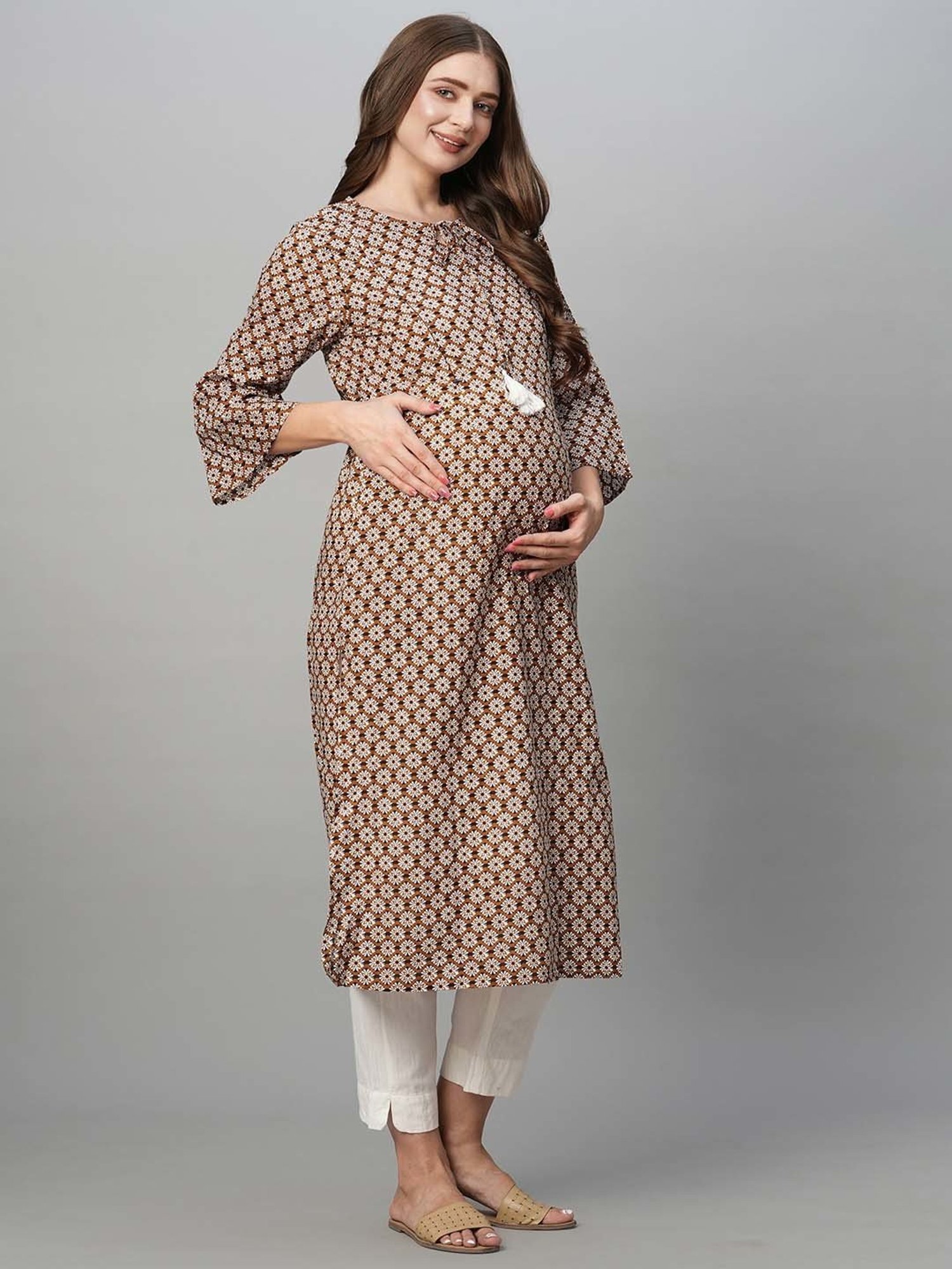 MomToBe Brown Floral Print Maternity Kurti