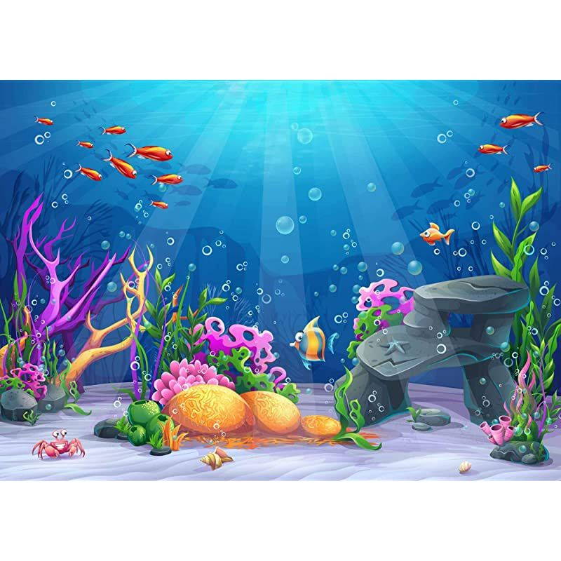 7X5ft Underwater World Backdrop Colorful Coral Reef Sea Fishes Photography Background Child Kids Mermaid Themed Birthday Party Backdrop Baby Shower Wallpaper Studio Photo Booth Props CHE008