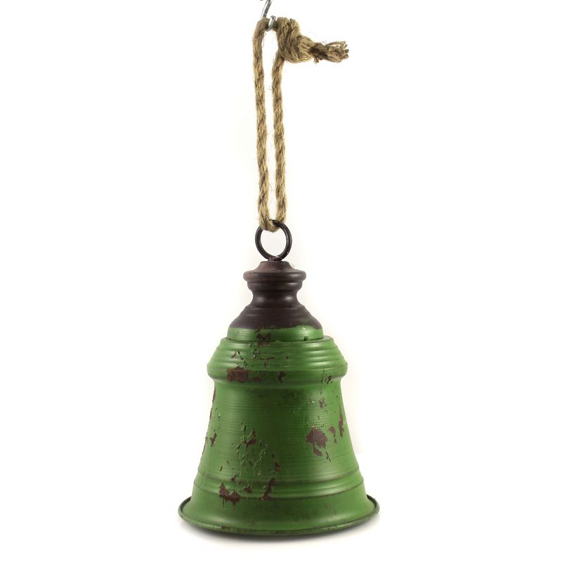 Home Decor 9.5" 9.50  Inch Green Metal Bell Tin Decorate Christmas Holiday  -  Decorative Figurines