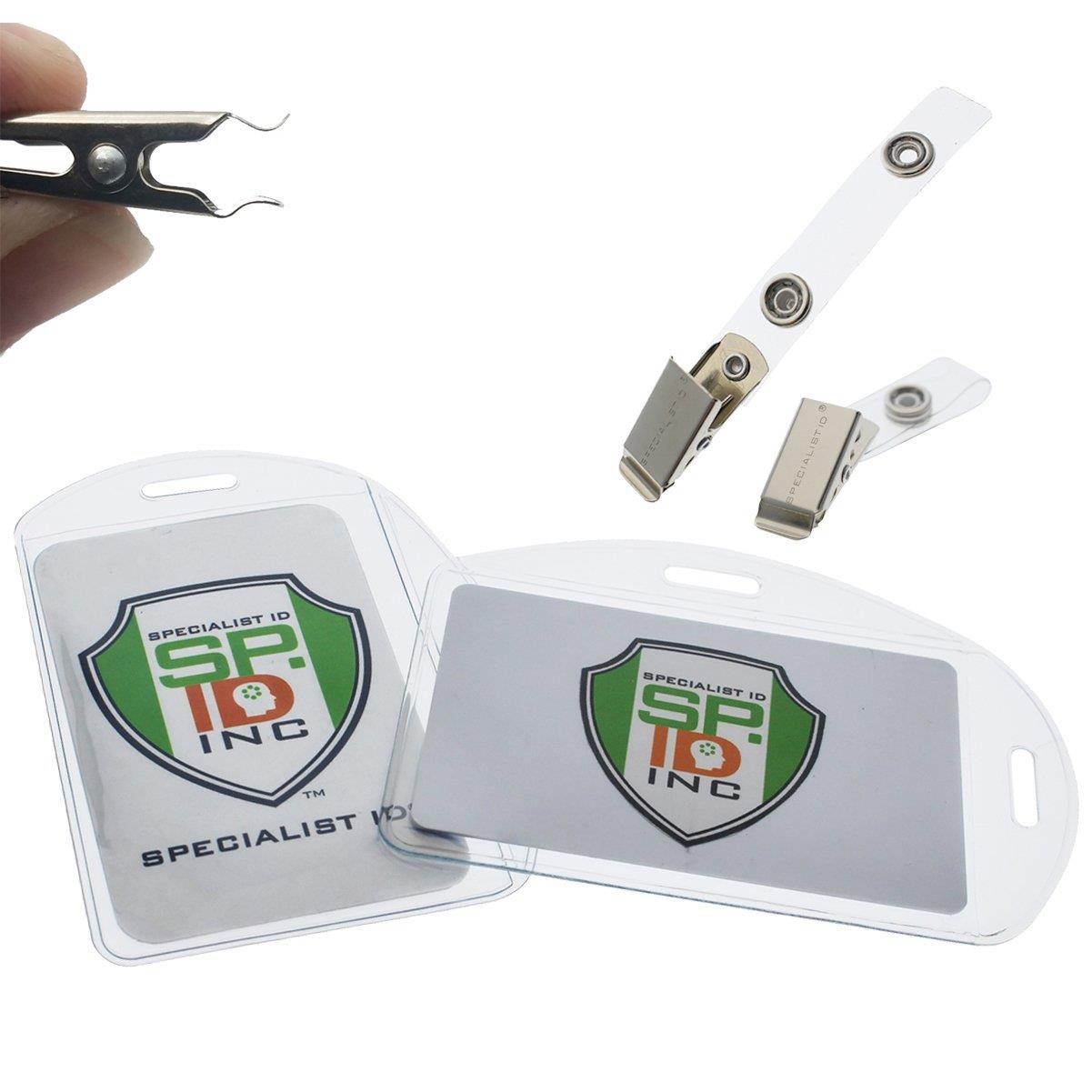 5 Pack - Clear Plastic ID Badge Holders - Vertical OR Horizontal with Clothing Friendly Metal & PVC Strap Clips - for 2.25 X 3.5 Inch Name Tags & Work Access Cards, by Specialist ID