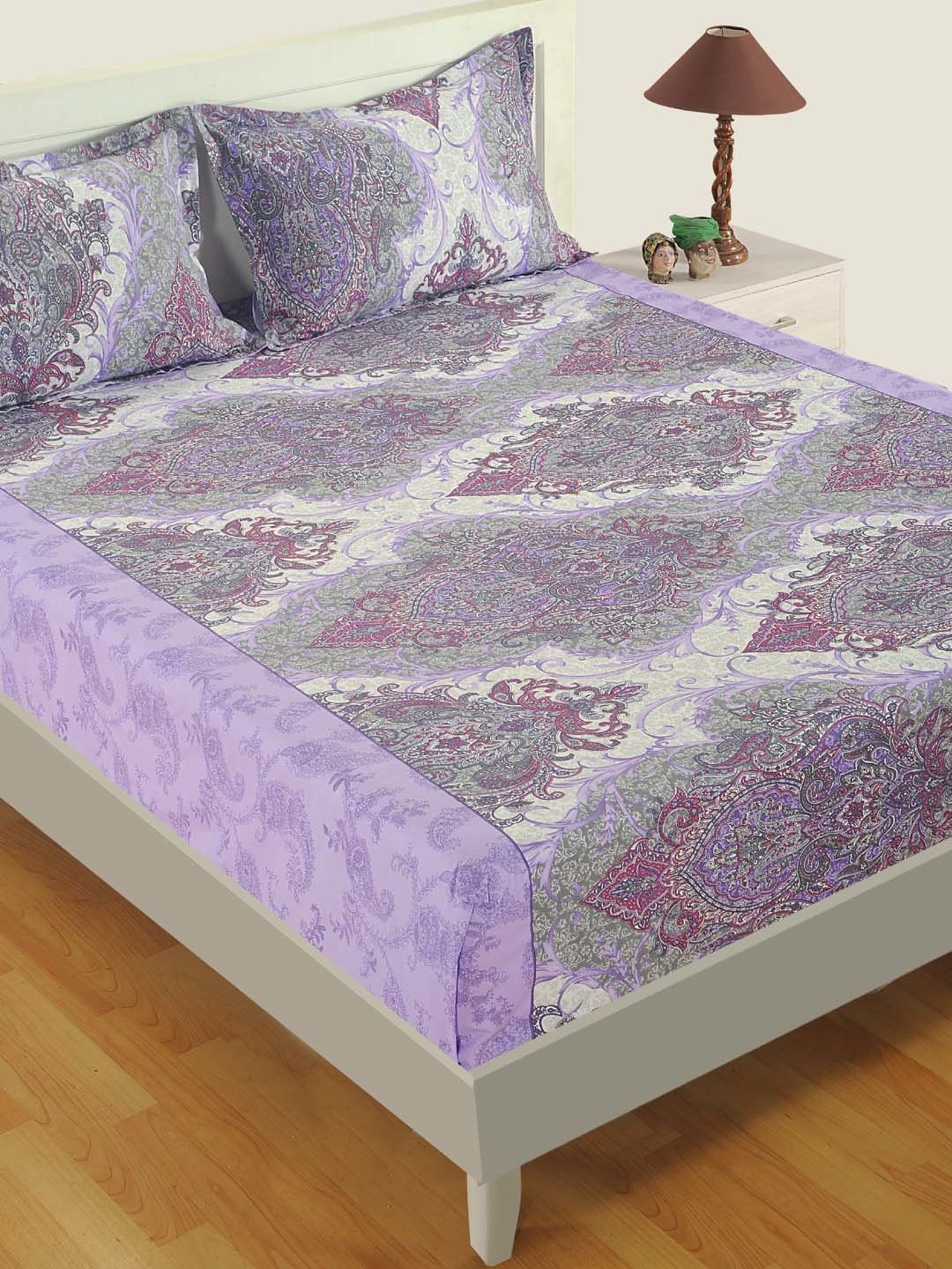 Swayam Paisley Purple 250 TC Cotton King Bedsheet with 2 Pillow Covers