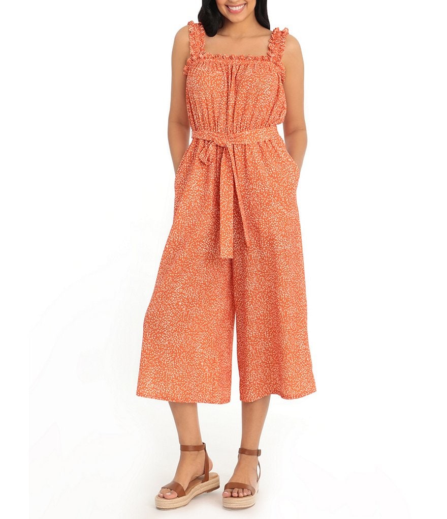 London Times Petite Size Square Neck Sleeveless Ruched Cropped Crepe Jumpsuit