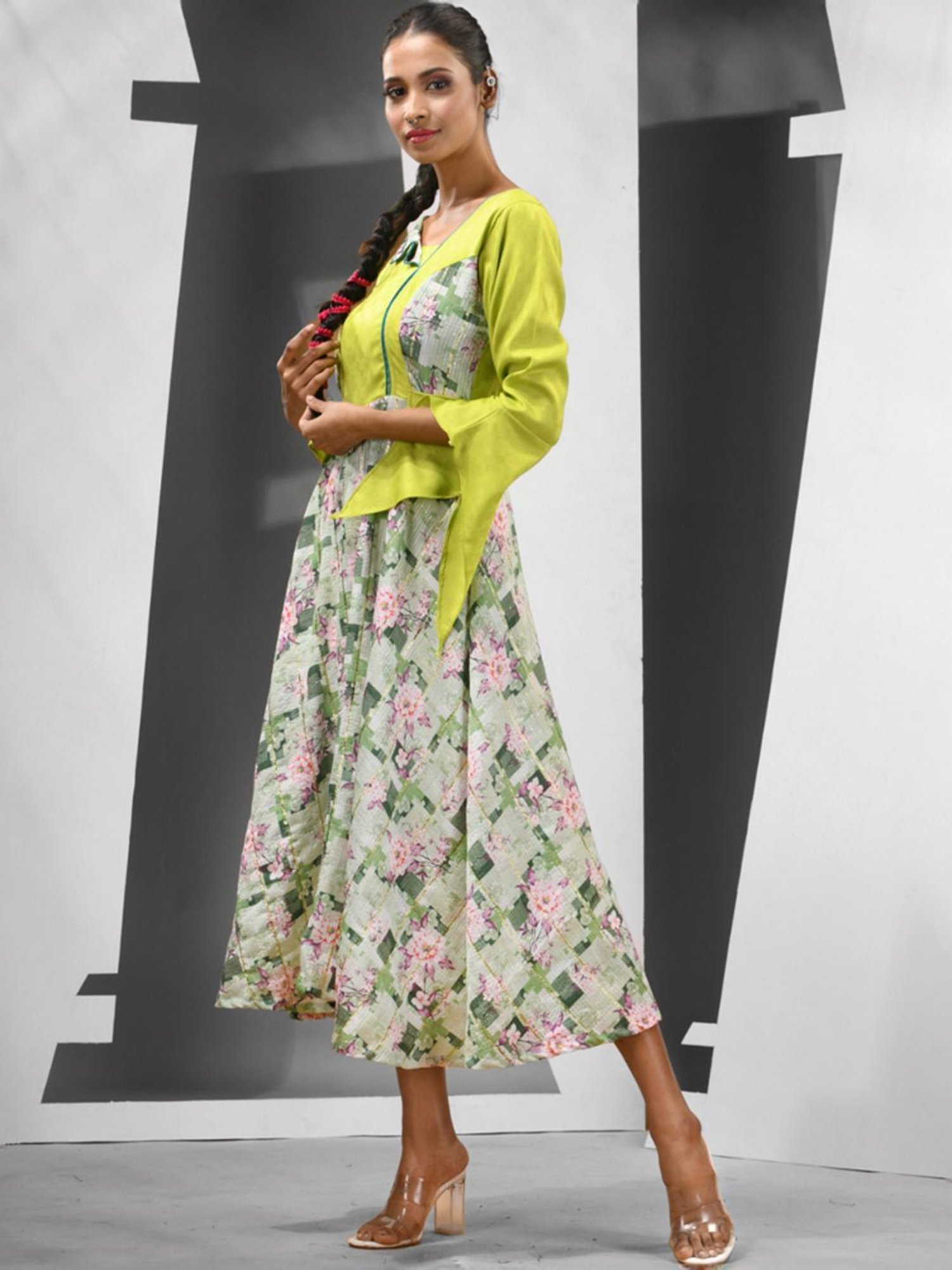 Charukriti Lime Green Floral Print A-Line Dress