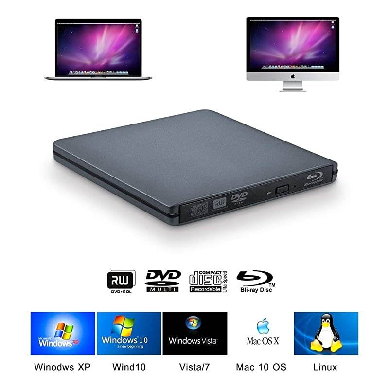 External BluRay Writer Drive USB30 and TypeC Portable BluRay Burner 100GB 128GB BD DVD Disc 3D 6x Slim Reader Player Grey
