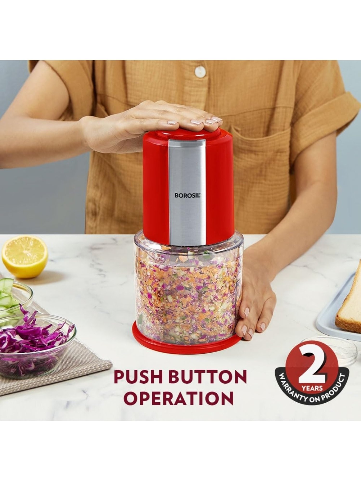 Borosil Chef Delite Electric Chopper 300W plastic bowl with lid (Red)