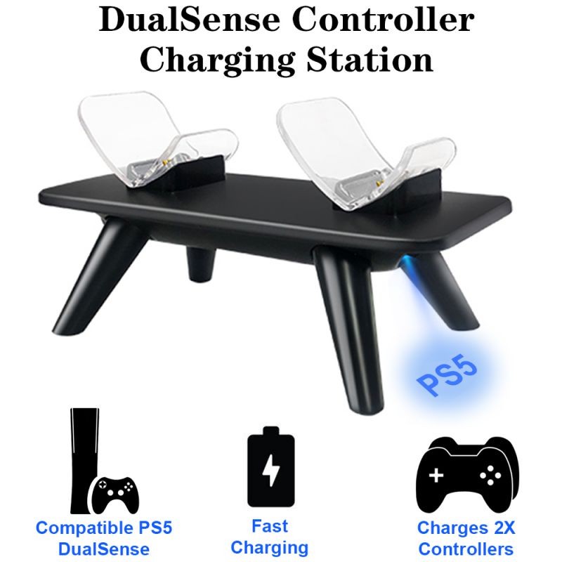 PS5 Controller Charger, Dual Fast  Dualsense Charging Station Dock Stand with USB C Charger Cable & Blue LED Projection Light for Sony Playstation 5 Controllers Dualsense