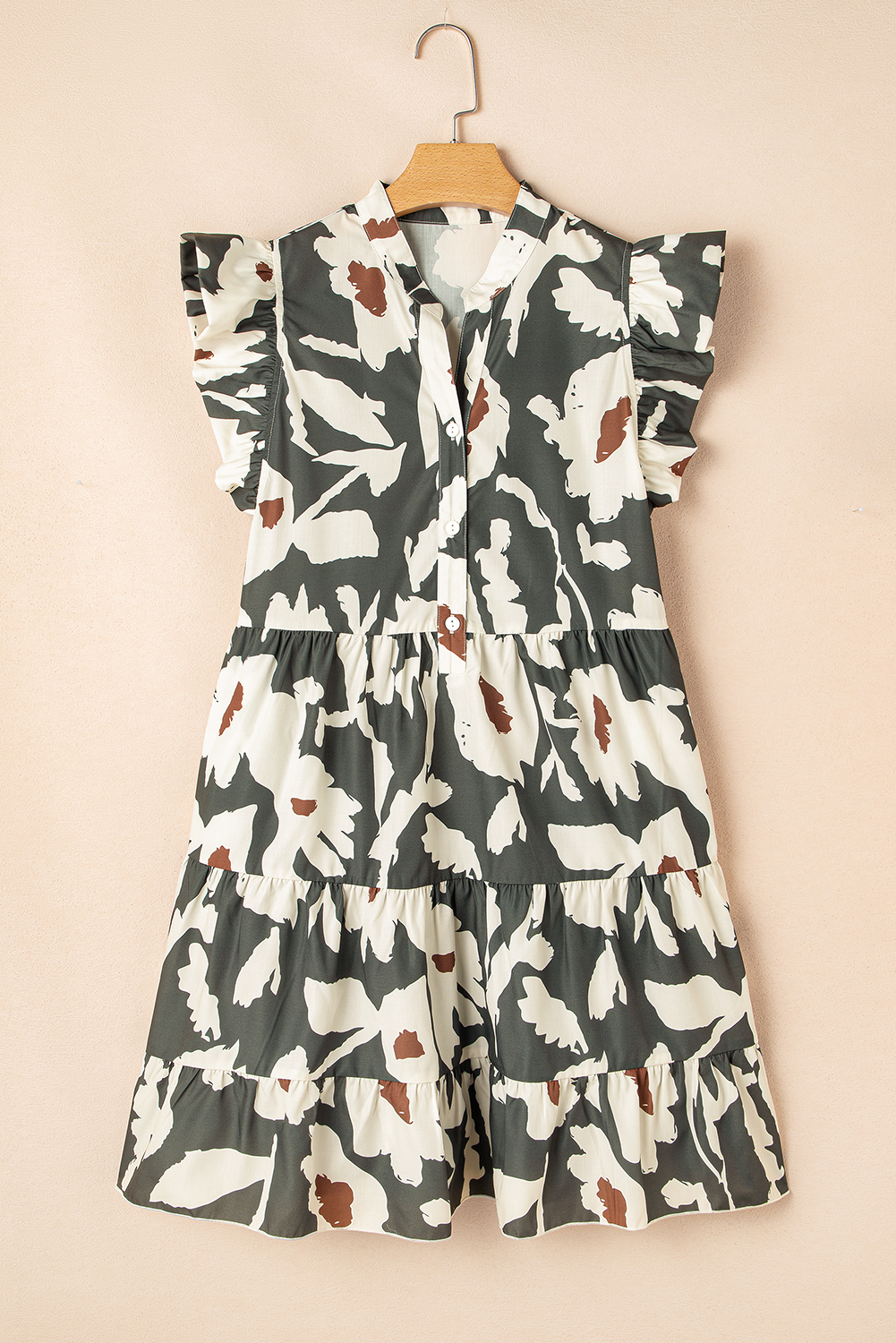 White Frill Mock Neck Sleeveless Tiered Floral Dress