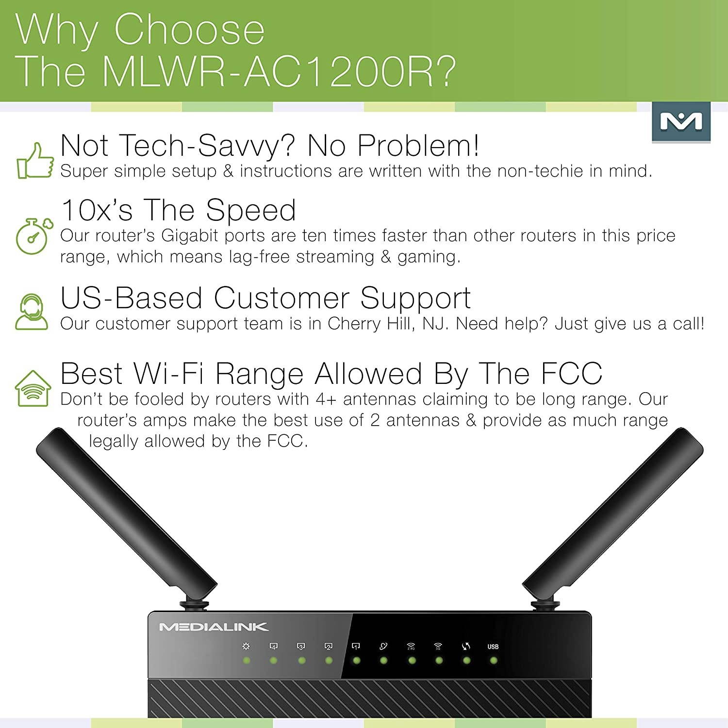 Medialink AC1200 Wireless Gigabit Router - Gigabit (1000 Mbps) Wired Speed & AC 1200 Mbps Combined Wireless Speed (Part# MLWR-AC1200R) (Renewed)