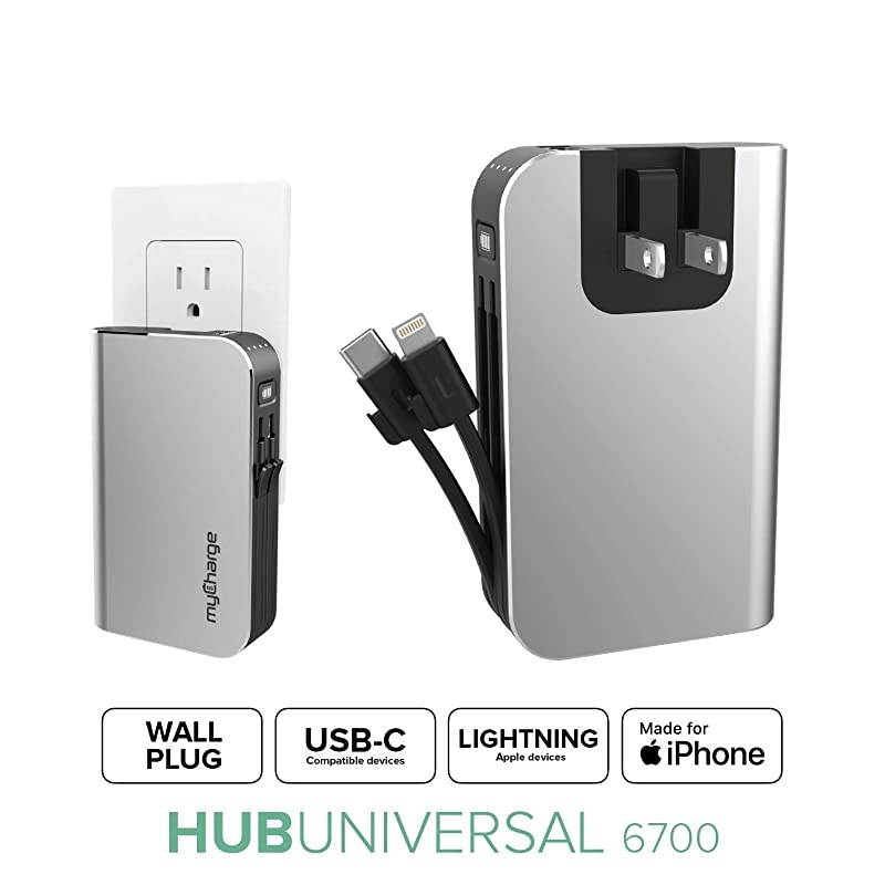Portable Charger Power Bank HubPlus 6700 mAh Universal External Battery Pack | Foldable AC Wall Plug | Two Built in Cables for Apple iPhone Lightning for Samsung USB Type C Android