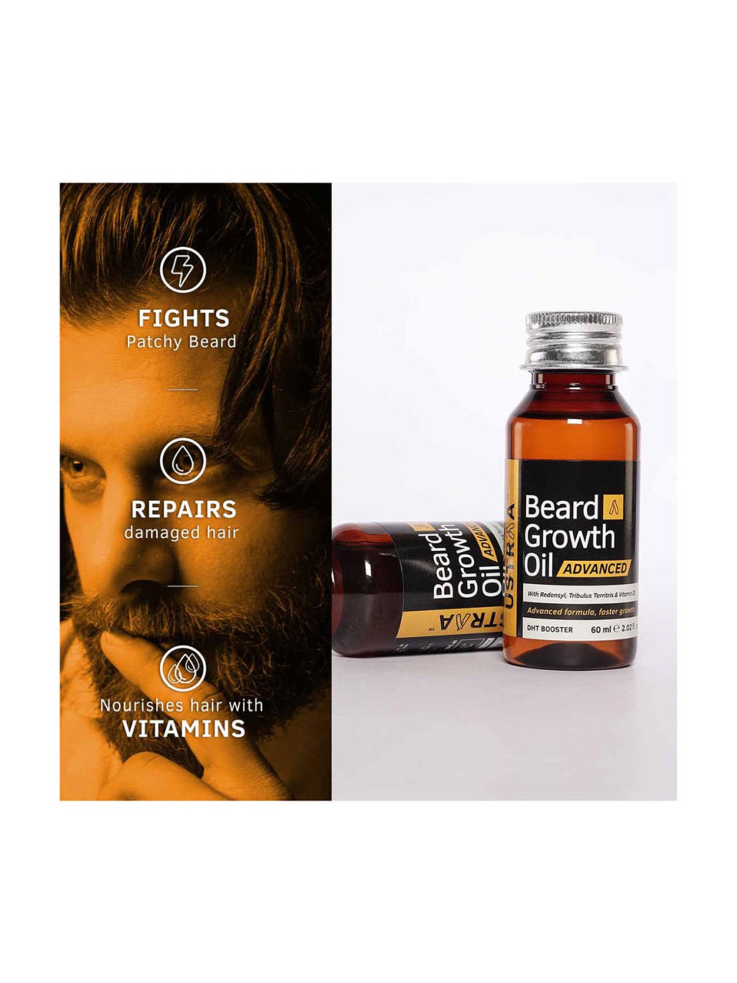 Ustraa Ayurvedic Cold Pressed Oil - 200 ml & Beard Growth Oil Advanced - 60 ml
