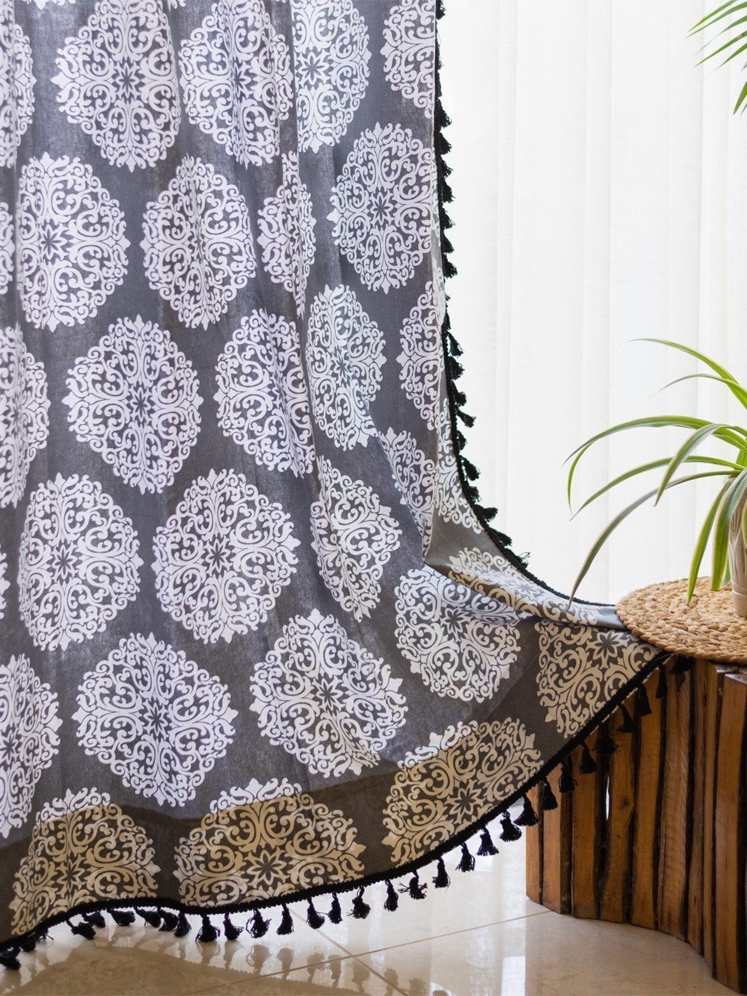 Urban Space Block Print Black & White Cotton 5 ft Boho Window Curtain