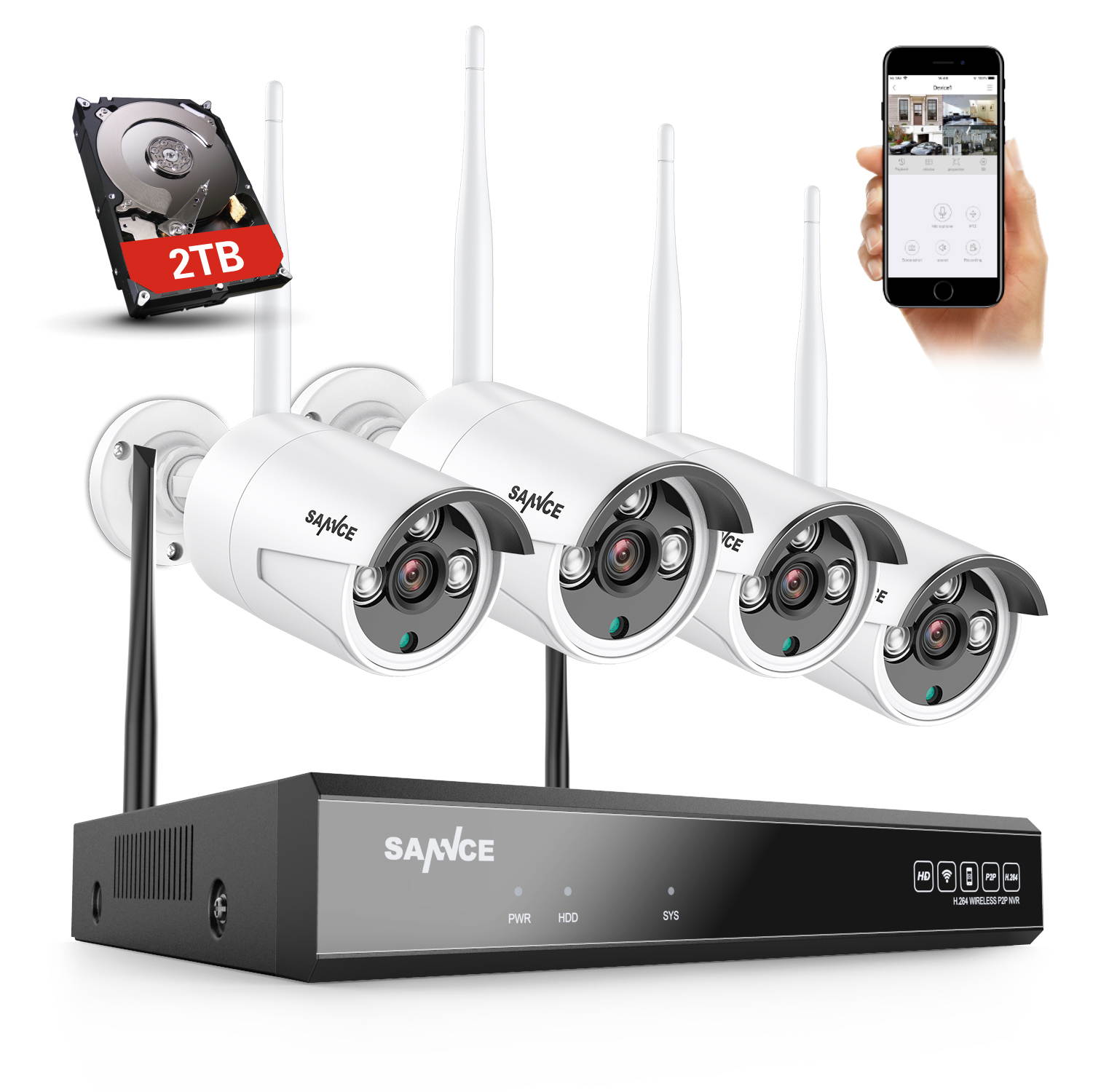 SANNCE 8CH Super HD Wireless IP Security Camera System with 3MP WiFi Cameras 100 ft Night Vision H.264+ Stream Remote Access & Smart Motion Alerts Built-in Mic AI Human Detection IP66 Waterproof-2TB