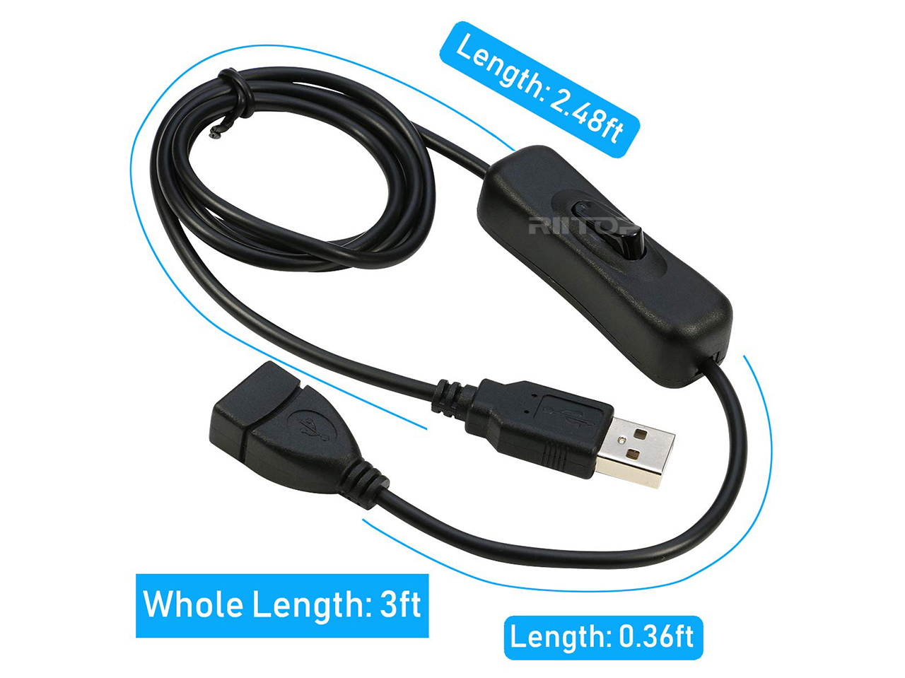 RIITOP USB Inline Switch Extension Cable 3Ft with ON/Off Switch Button, USB Male to Female Cable Support (Data and Power) for USB Headset, LED Strips(2-Pack)