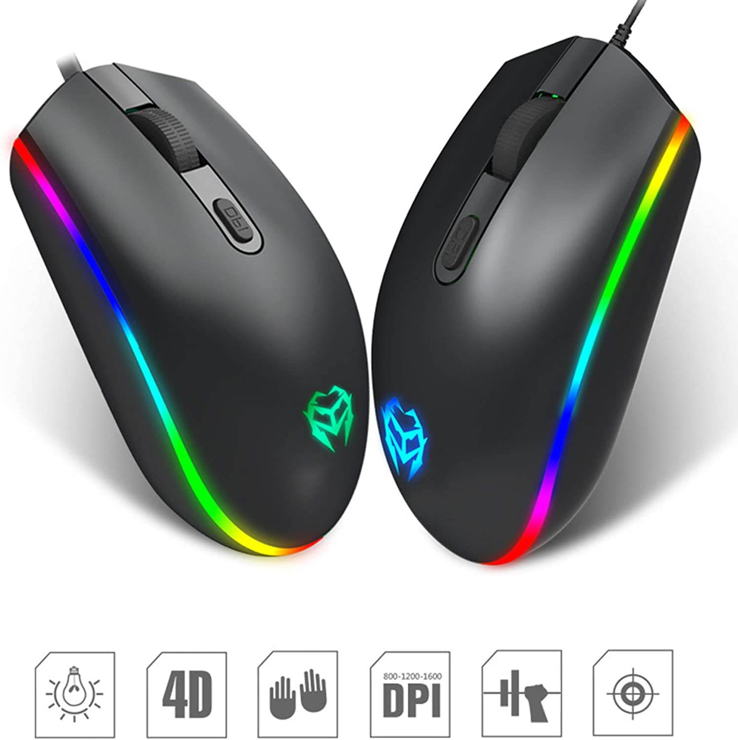 USB Wired Mouse, RGB Optical Silent Computer Game Mouse,1600 DPI Office and Gaming Mice,for Windows PC, Laptop, Desktop, Notebook (Black)