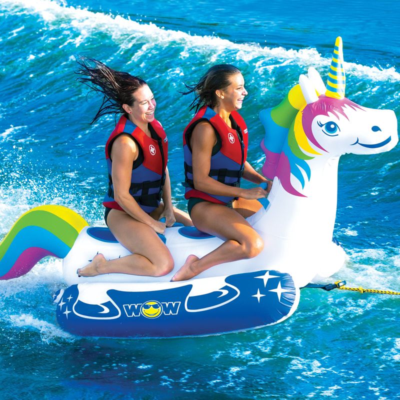 Wow Watersports Giant Rainbow Unicorn 2 Person Rider PVC Inflatable Pontoon Boating Ride On Lake Boat Towable Tube