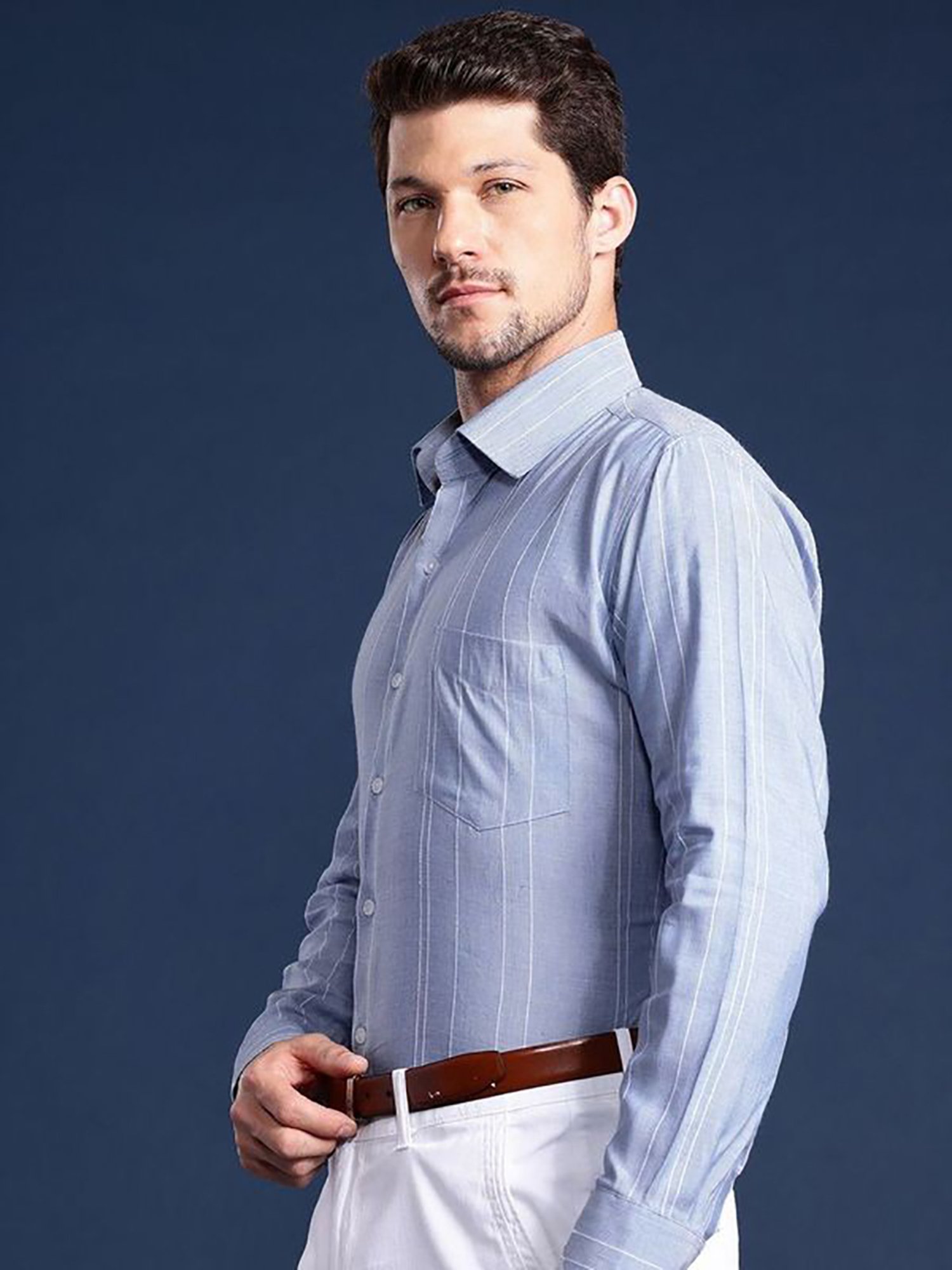 Hancock Blue Slim Fit Stripes Shirts