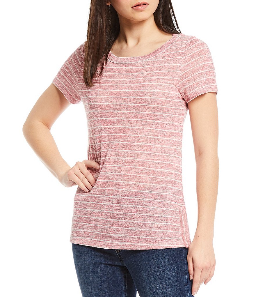 Bobeau Stripe Print Jewel Neck Short Sleeve Side Slit Tee