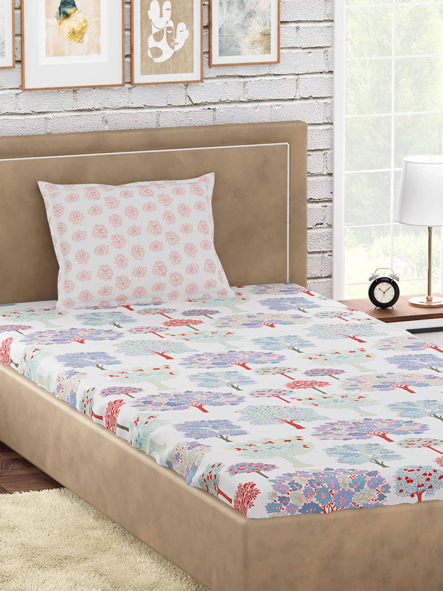 Petal Home Acadia Floral White 300 TC Cotton Single Bed Sheet with 1 Pillow Cover