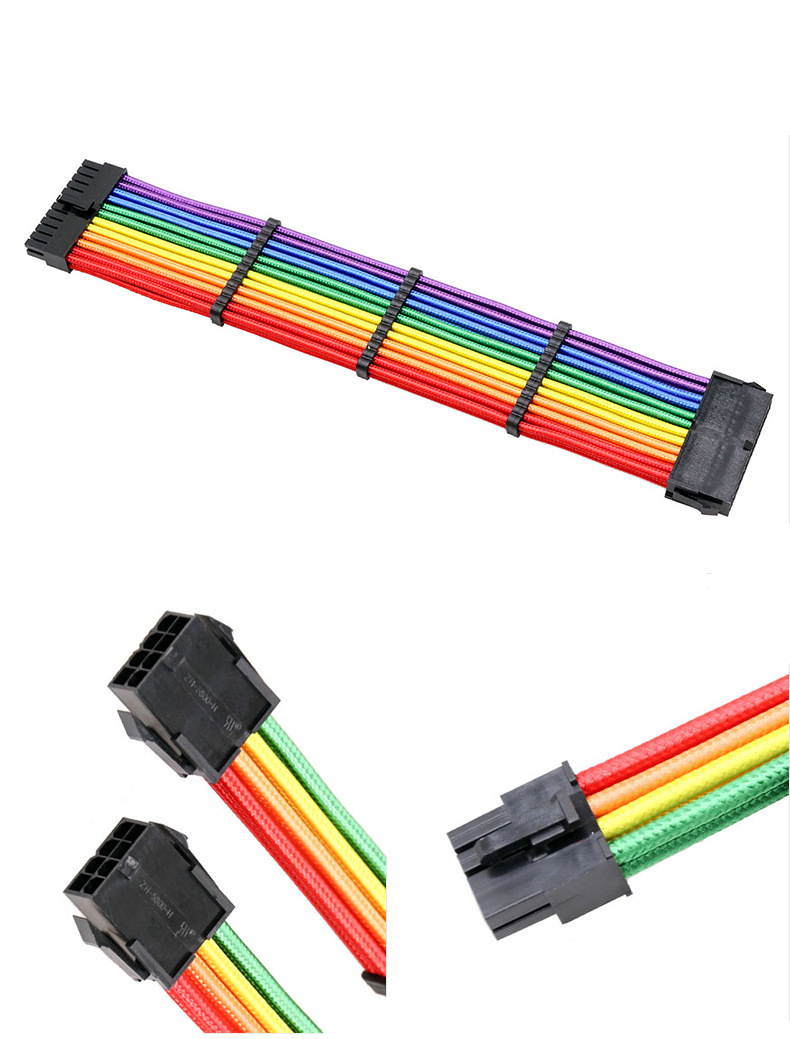 ALAMENGDA 6-in-1 24P/4+4P/6+2P/6P Motherboard ATX Computer power Extension Cable Rainbow Cable, Colorful Suit 300mm