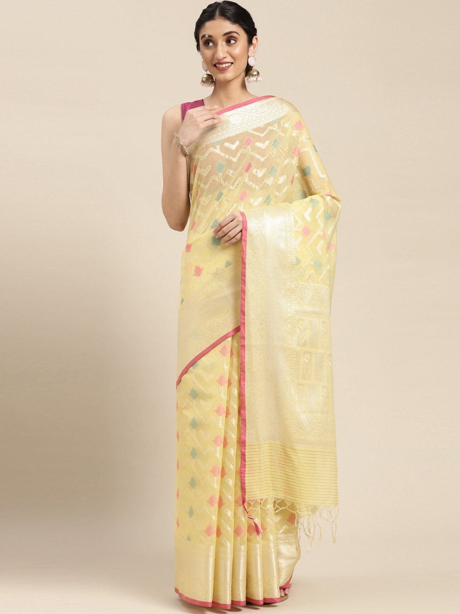 Banarasi Silk Works Yellow Cotton Woven Saree With Unstitched Blouse