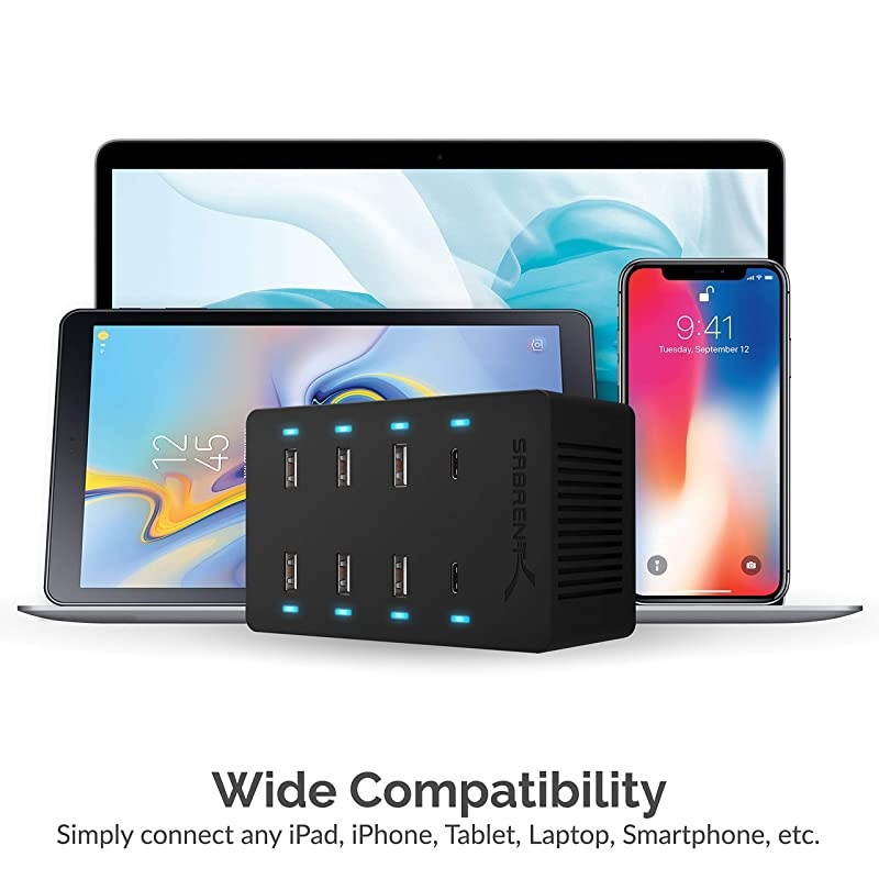 100 Watt 8Port FamilySized USB Rapid Charger UL Certified Includes 2 PD Power Delivery Ports AXADPD