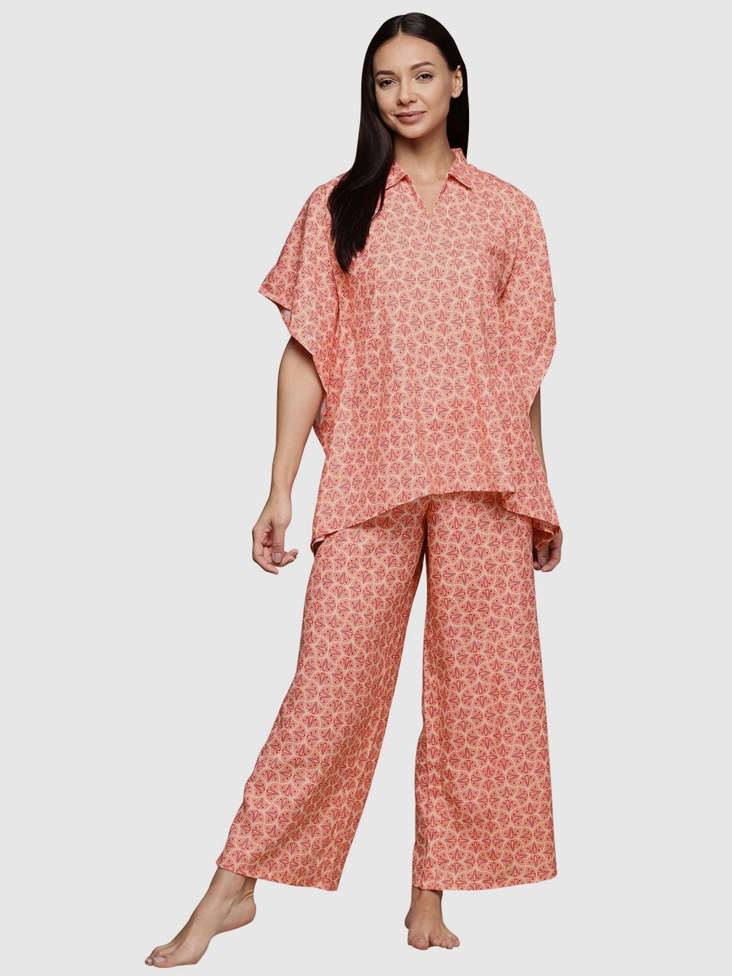 Ziyaa Orange Floral Print Kaftan Pyjama Set