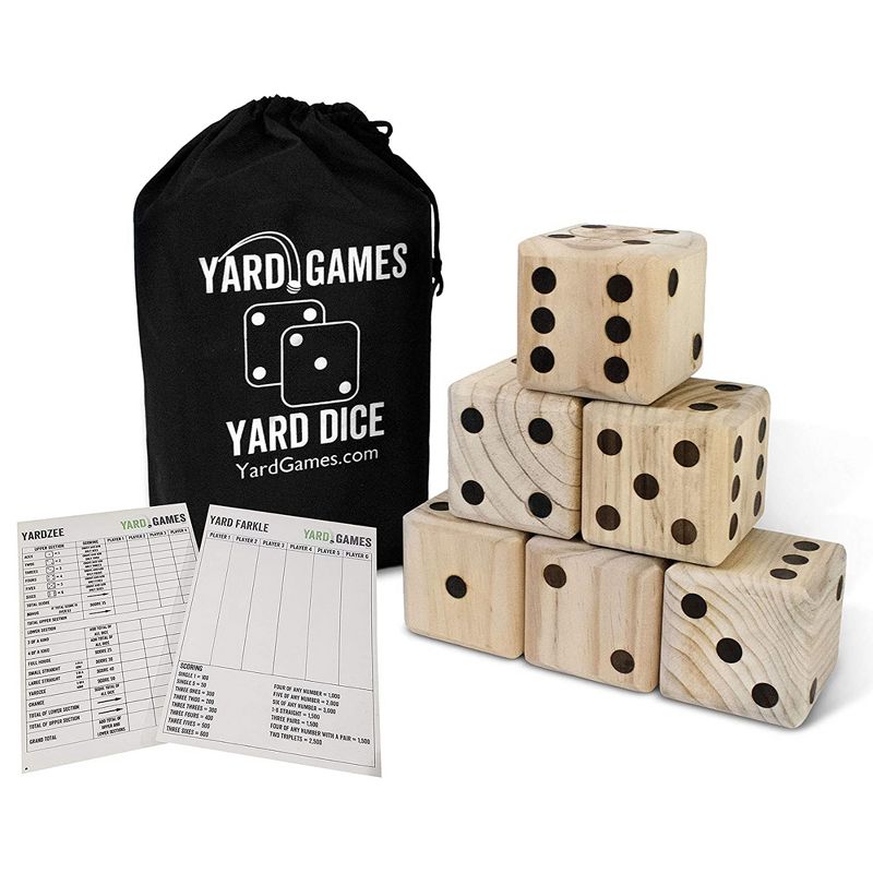 Yard Games Giant Outdoor Wooden Dice Set of 6 Bundle with Yard Pong Activity Party Set with 12 Buckets, 2 Balls, and Carrying Case