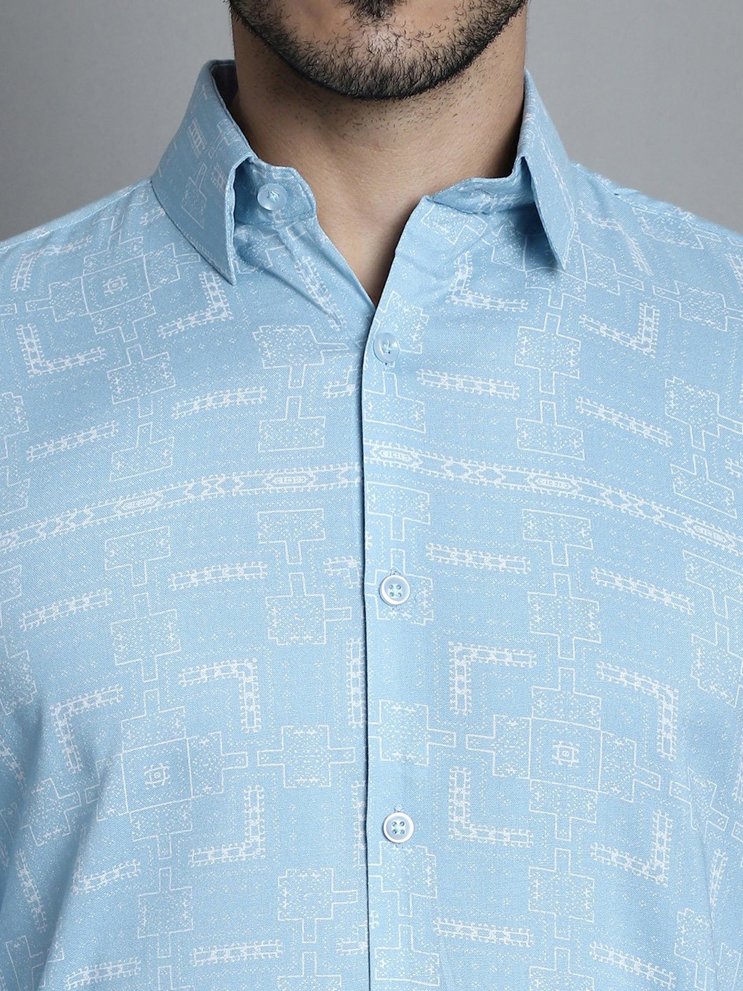 Jainish Sky Blue Regular Fit Geometric Print Shirt