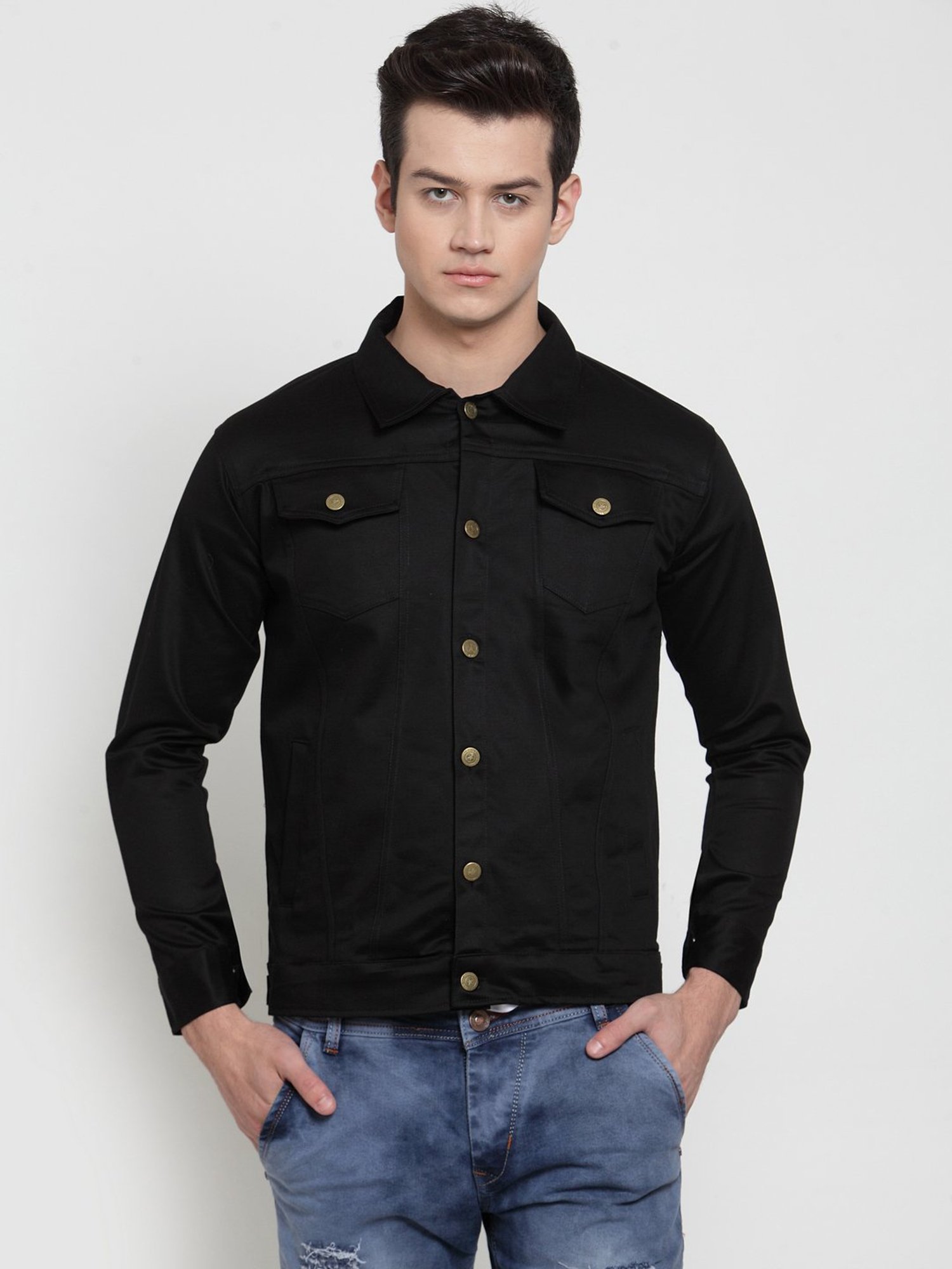 VOXATI Black Full Sleeves Shirt Collar Denim Jacket