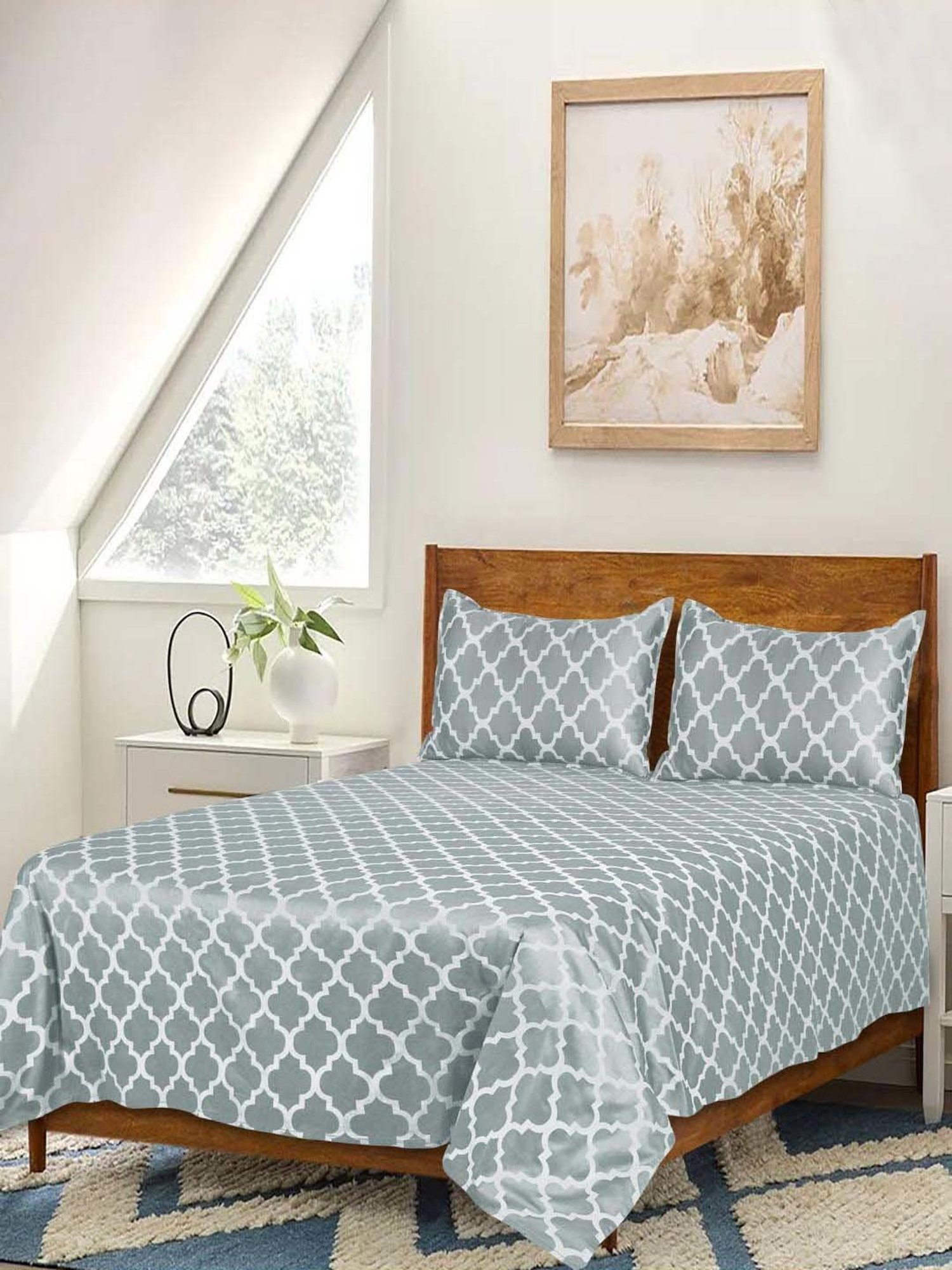 Saral Home Easy Living Grey Cotton Tangier Soft Self Pattern Queen Bed Sheet With Pillow Covers