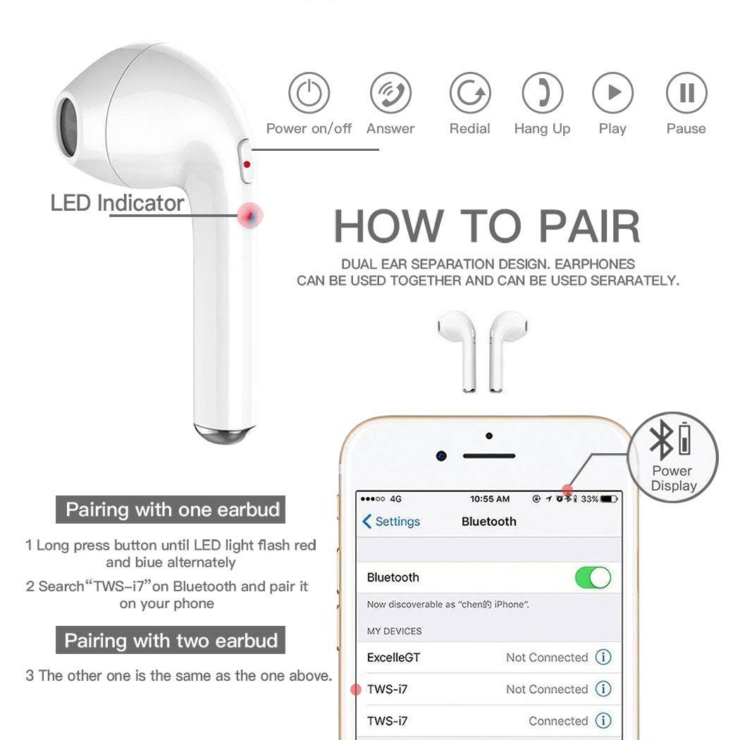 Wireless Earbuds, Loncaster Bluetooth Headphones Stereo Earphone Cordless Sport Headsets,Bluetooth in-Ear Earphones with Built-in Mic for Smart Phones