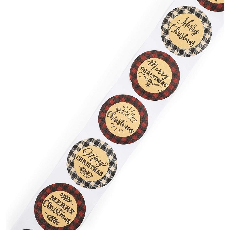 Pipilo Press 500-Pack Merry Christmas Stickers Roll with Buffalo Plaid, Assorted Designs (1.5 in)
