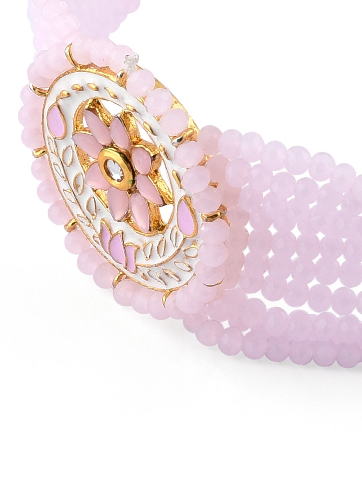 Zaveri Pearls Pink White Meenakari Crystal Multistrand Necklace Earring Maangtikka Set-ZPFK10274