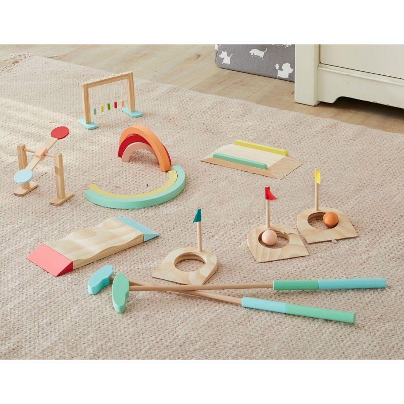Wonder&Wise 1011900801 Indoor Children Kids Wooden Game Mini Golf Course Toy Set w/ Clubs, Balls, Holes, Obstacles, and Carry Bag