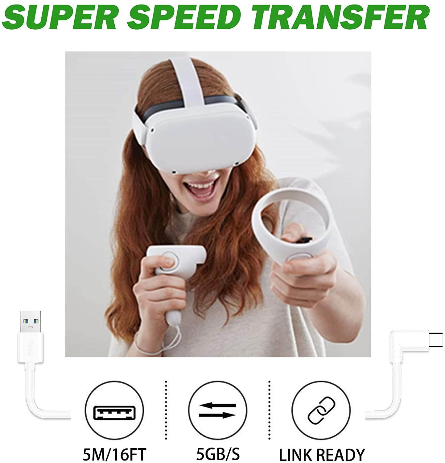 Link Cable Compatible for Oculus Quest 2, Fast Charging & PC Data Transfer USB C 3.2 Gen1 Cable for VR Headset and Gaming PC 10FT(3M)