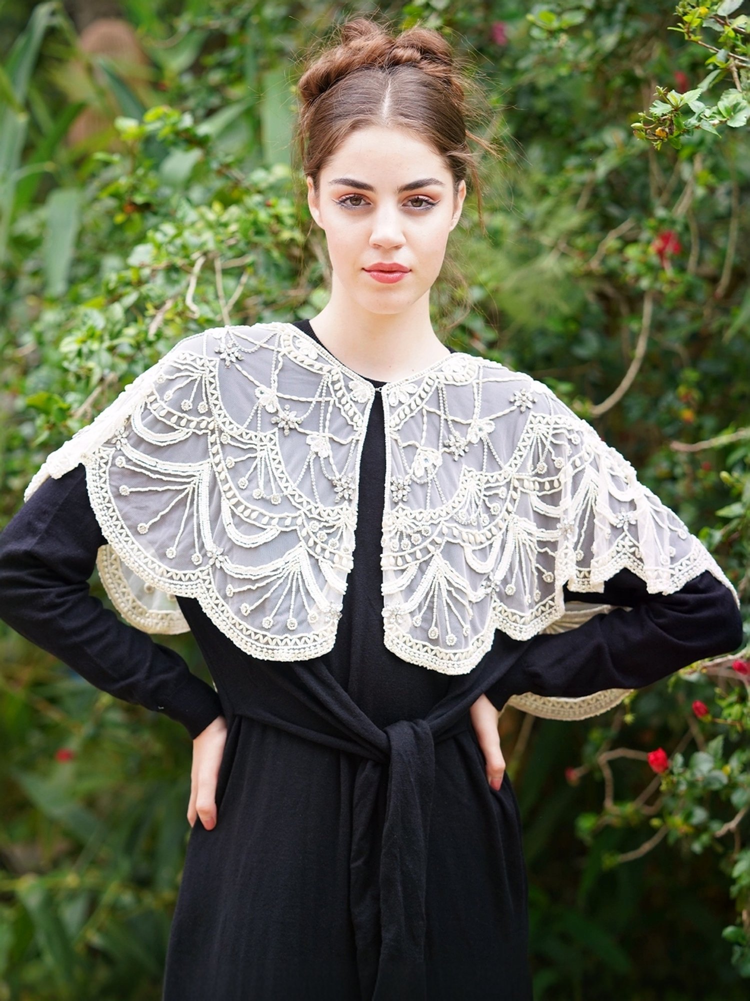 Odette Beige Embellished Fancy Short Cape