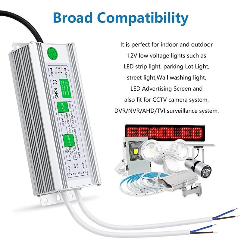 Waterproof Power Supply Adapter 12V 100W LED Driver ACDC Converter AC 110~260V to DC 12 Volt 83A Low Voltage Transformer for Outdoor LED Lighting Advertising Screen DC Pump CCTV Camera