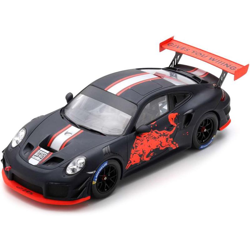 Porsche GT2 RS Matt Black with Stripes and Graphics "Clubsport Red Bull" (2019) 1/18 Model Car by Spark