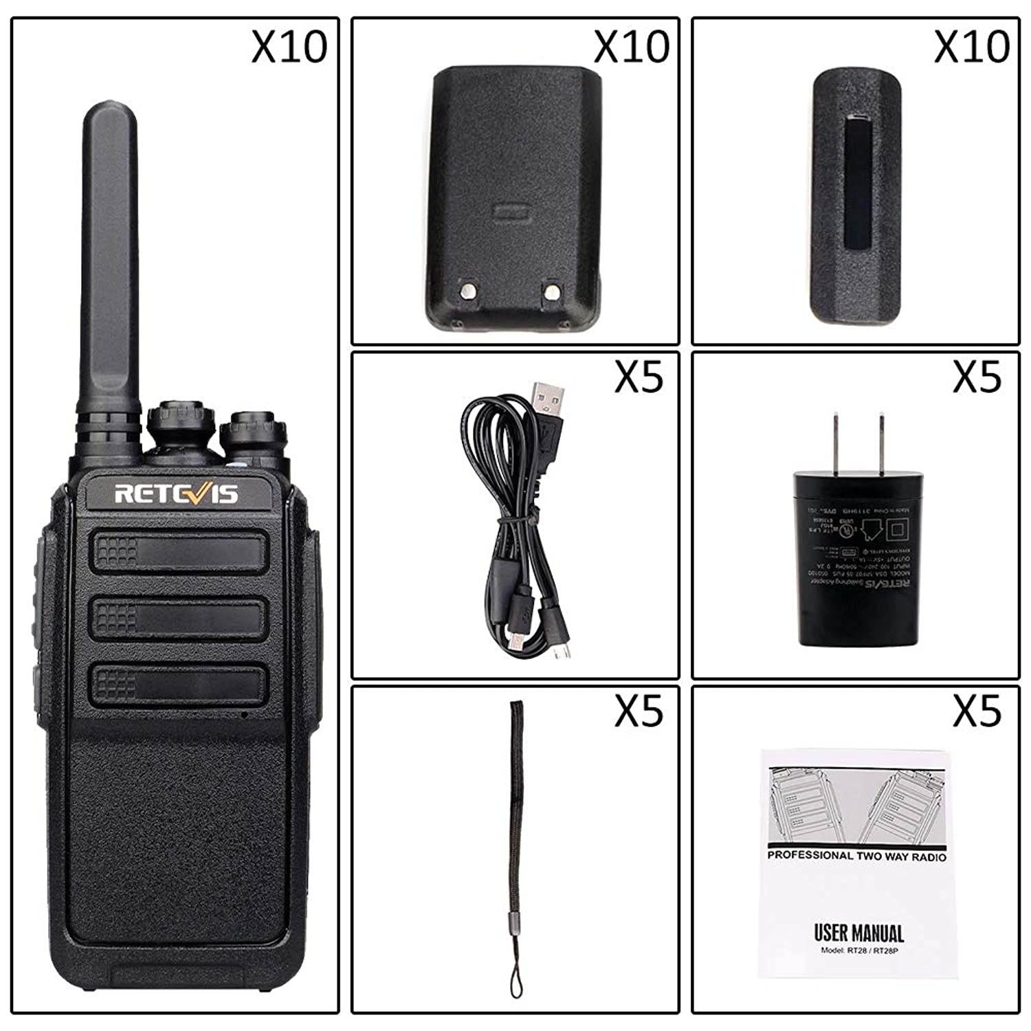 Retevis RT28 2 Way Radios Walkie Talkies for Adults16 Ch VOX Monitor Emergency USB Charger Two-Way Radio Rechargeable (10 Pack)