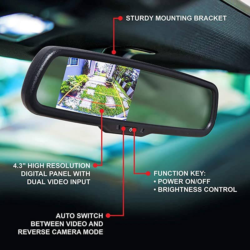 BV430RVM Rearview Car Mirror with 4.3 Inch Built in High Resolution Digital Monitor - Includes Weatherproof Rearview Backup Camera and Brackets